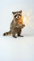 Cute raccoon holding glowing light bulb on white background representing creativity, innovation and bright ideas for business and education concepts.