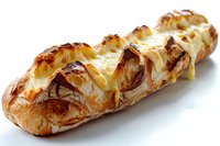 Fresh baked cheese bread with golden crust and melted mozzarella topping on white background, appetizing close up view of artisanal bakery product.