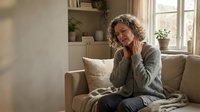 Middle-aged Caucasian woman with curly hair relaxing on beige sofa in bright living room, talking on phone with warm smile and natural sunlight.