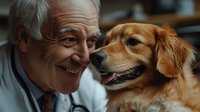 Senior Caucasian man with white hair smiling while bonding with golden retriever dog in close-up portrait showing joy and companionship between human and pet.