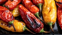 Colorful dried chili peppers macro shot showing texture and details of red and yellow hot peppers with stems on dark background, food photography.