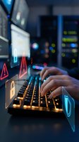 Cybersecurity expert typing on illuminated keyboard with digital security icons, warning alerts and shield symbols in modern data center environment.