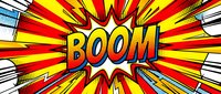 Comic book style explosion with BOOM text in bold letters surrounded by radiating red and yellow burst lines with halftone dots pattern for pop art designs.