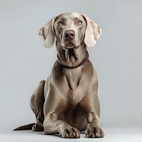 Elegant Weimaraner dog with silver-gray coat sitting upright against neutral gray background, showcasing breed's distinctive appearance and noble posture.