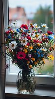 Vibrant wildflower bouquet with daisies, gerberas and cornflowers in glass vase on windowsill, natural daylight creating cozy home atmosphere. Fresh summer garden flowers.