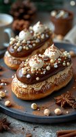 Chocolate eclairs topped with whipped cream, decorated with white chocolate pearls and cocoa powder on dark plate with star anise and cinnamon spices.