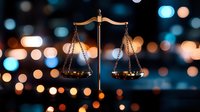 Balanced justice scales silhouetted against blurred bokeh lights background in blue and orange tones, symbolizing law, fairness and legal system.
