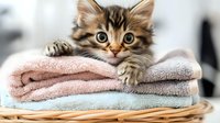 Adorable tabby kitten with big eyes resting on folded pastel towels in wicker basket, paws hanging over edge. Perfect for pet care, laundry, or home decor marketing.