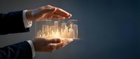 Businessman hands holding glowing holographic bar chart showing financial growth and market data analysis for business presentations and corporate strategy concepts.