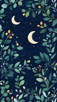 Magical night garden with crescent moons among green leaves and golden berries on dark starry sky background. Seamless pattern for fabric and wallpaper design.