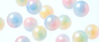 Translucent spheres with soft pastel gradient colors including pink, blue, yellow, and green scattered across white background with light reflections, suitable for backgrounds and design projects.
