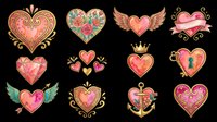 Ornate heart designs with decorative flourishes, wings, crowns, and floral elements in warm tones. Isolated on transparent background, ready for t-shirts, stickers, clipart, sublimation, print-on-demand products, and digital crafts.