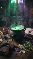 Witch cauldron with bubbling green potion surrounded by spellbooks, crystals and herbs on wooden table. Halloween magic brewing scene for fantasy designs.
