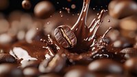 Coffee bean with dynamic chocolate splash and droplets creating artistic motion effect against dark brown background with roasted beans. Luxury food photography.
