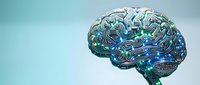 Digital brain with circuit patterns and glowing neural networks on gradient background for artificial intelligence and technology concepts.