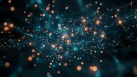 Abstract network of glowing orange and blue light particles with connecting lines against dark background, representing digital technology concept.