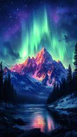 Spectacular aurora borealis dancing over snow-capped mountain peaks with vibrant green and purple lights reflecting in tranquil river below surrounded by winter forest.