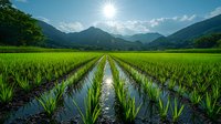 Vibrant green rice paddy field with water reflection under bright sunlight and mountain range backdrop, dramatic sky with white clouds creates serene rural landscape.