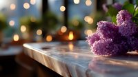 Purple lilac flowers on marble surface with soft bokeh lights creating romantic evening atmosphere, suitable for luxury spa, wedding or lifestyle designs.