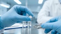Young scientist or laboratory technician wearing blue nitrile gloves holding a small white pill or capsule in sterile laboratory environment with test tubes and equipment.