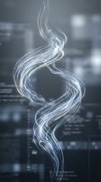 Ethereal translucent spiral swirl with iridescent light trails floating against blurred urban cityscape background for modern digital art and creative projects.