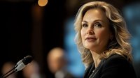 Middle-aged woman with blonde wavy hair, fair complexion, wearing black jacket, speaking at microphone during professional event or conference with blurred background.