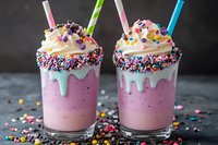Colorful freakshakes with pink milkshake base, whipped cream topping, sprinkles, and decorative straws against dark background.