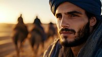 Middle Eastern man with beard wearing traditional turban in desert sunset light, silhouettes of camel riders in background create atmospheric scene. Cinematic portrait.