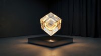 Glowing transparent crystal cube floating above dark platform with warm light emanating from base creating ambient illumination for modern interior design.