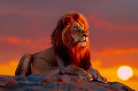 Majestic male lion with rich mane resting on rocky outcrop against dramatic orange sunset sky and setting sun, powerful predator in natural African savanna habitat.