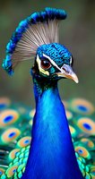 Close-up portrait of male peacock head and neck showing vibrant blue plumage, crown feathers, and distinctive facial features against blurred tail feather background.