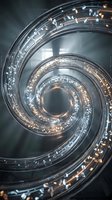 Concentric spiral of illuminated glass rings with golden light particles creating a tunnel effect, suitable for technology and abstract backgrounds.