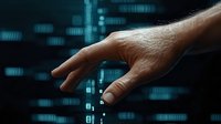 Male hand reaching towards digital data streams and binary code elements on dark background with blue glowing technology interface visualization.