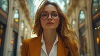 Young Caucasian businesswoman with long blonde wavy hair and glasses wearing brown blazer and white shirt, standing in elegant historic building interior with arched architecture.
