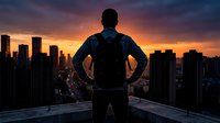 Silhouette of confident businessman standing on rooftop overlooking city skyline at dramatic sunset with hands on hips in powerful pose.