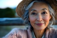 Mature Asian woman with silver hair wearing straw hat smiling warmly at sunset, natural beauty and aging gracefully concept captured in soft evening light.