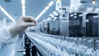 Laboratory technician in protective gloves handling test tube in modern pharmaceutical manufacturing facility with sterile equipment and bright lighting.