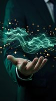 Businessman hand holding glowing turquoise energy waves with golden bokeh lights on dark background for technology and innovation concepts.