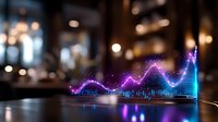 Glowing neon financial chart with upward trending arrow and bar graph overlay on blurred city background, representing stock market growth and data analysis for business presentations.