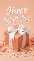 Happy Birthday greeting card with rose gold glitter gift box, white satin bow, confetti, fairy lights, and elegant script text on peach background.