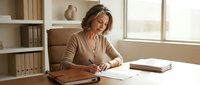 Middle-aged Caucasian businesswoman writing notes at wooden desk in bright modern office with natural lighting and organized shelves in background.