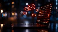 Glowing red email icons floating above laptop keyboard in dark room with bokeh lights, representing digital communication and message delivery concept.