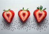 Fresh ripe strawberry halves arranged in row with scattered black poppy seeds on light gray background, showing juicy red flesh and natural texture.
