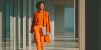 Young African American businesswoman in vibrant orange pantsuit walking confidently through modern office corridor with sunlight creating dramatic shadows.