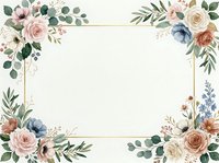 Floral frame with roses, eucalyptus, and greenery in soft pastels surrounding a blank center space, suitable for wedding invitations and greeting cards.
