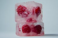 Fresh raspberries frozen inside stacked clear ice cubes on white background, perfect for summer drink menus and food photography concepts.
