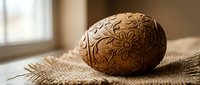 Intricately carved wooden egg with floral patterns on burlap fabric near window, showcasing traditional craftsmanship and rustic home decor elements.