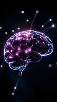 Glowing digital brain with purple and blue neon lights on black background, representing artificial intelligence and neural networks in modern technology.