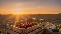 Fresh strawberries in a wooden crate at golden sunset over a farm field, with gardening gloves nearby, evoking harvest season.