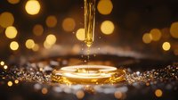 Golden liquid drop creating ripple effect on reflective surface with glowing bokeh lights in background, macro photography capturing luxurious cosmetic oil splash moment.